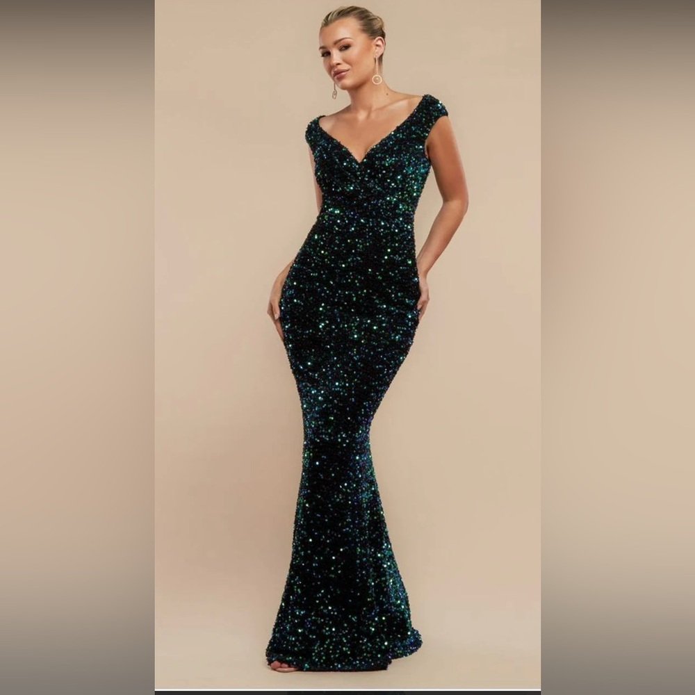 Emerald green velvet sequin Bardot dress